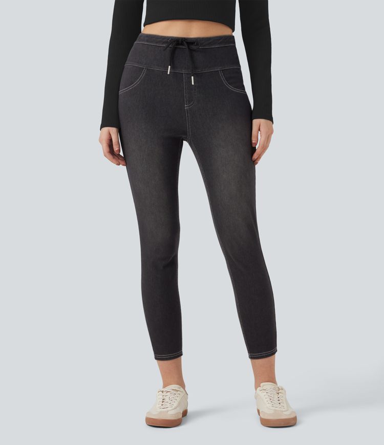 Halara Flex™ High Waisted Drawstring Fleece Denim Casual 7/8 Leggings with Pockets