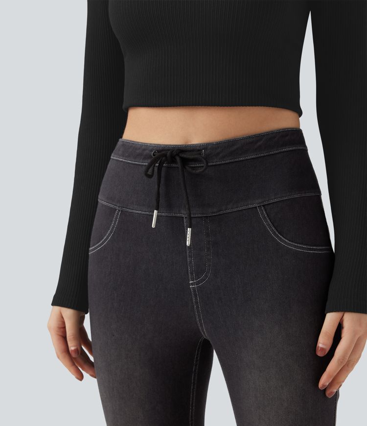 Halara Flex™ High Waisted Drawstring Fleece Denim Casual 7/8 Leggings with Pockets