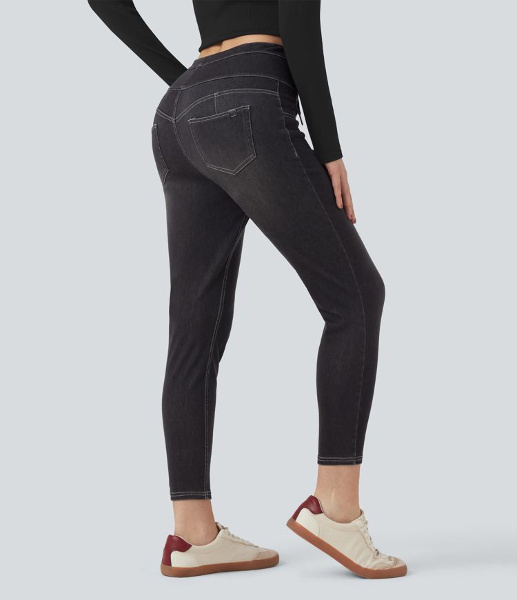 Halara Flex™ High Waisted Drawstring Fleece Denim Casual 7/8 Leggings with Pockets