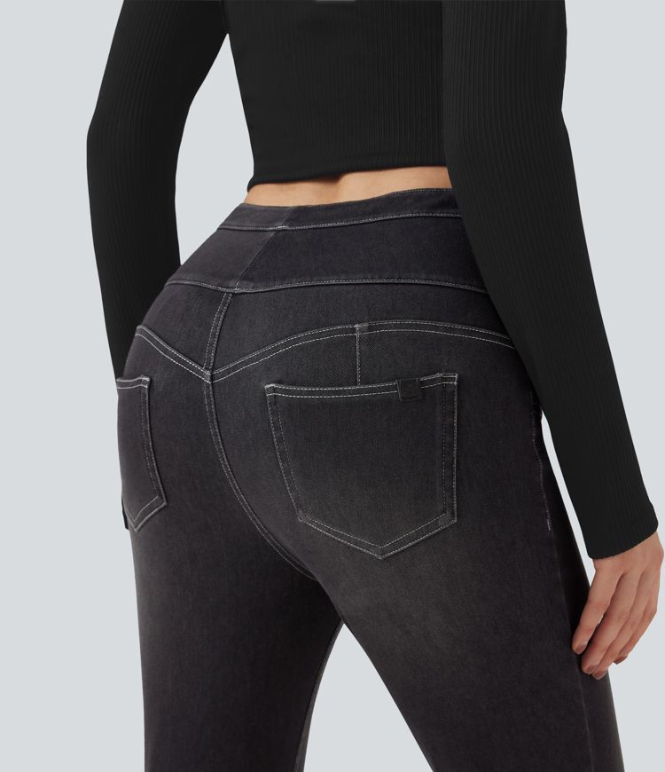 Halara Flex™ High Waisted Drawstring Fleece Denim Casual 7/8 Leggings with Pockets