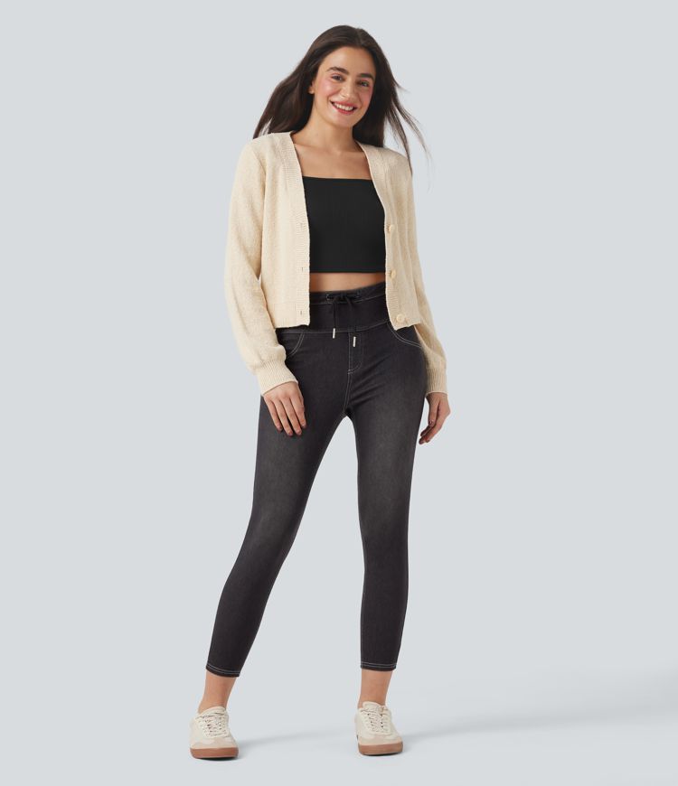 Halara Flex™ High Waisted Drawstring Fleece Denim Casual 7/8 Leggings with Pockets