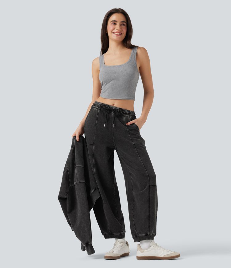 Halara Flex™ Mid Rise Drawstring Denim Casual French Terry Baggy Sweatpants with Pockets