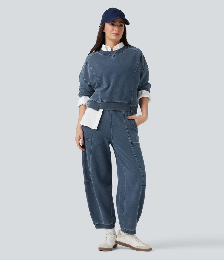 Halara Flex™ Mid Rise Drawstring Denim Casual French Terry Baggy Sweatpants with Pockets