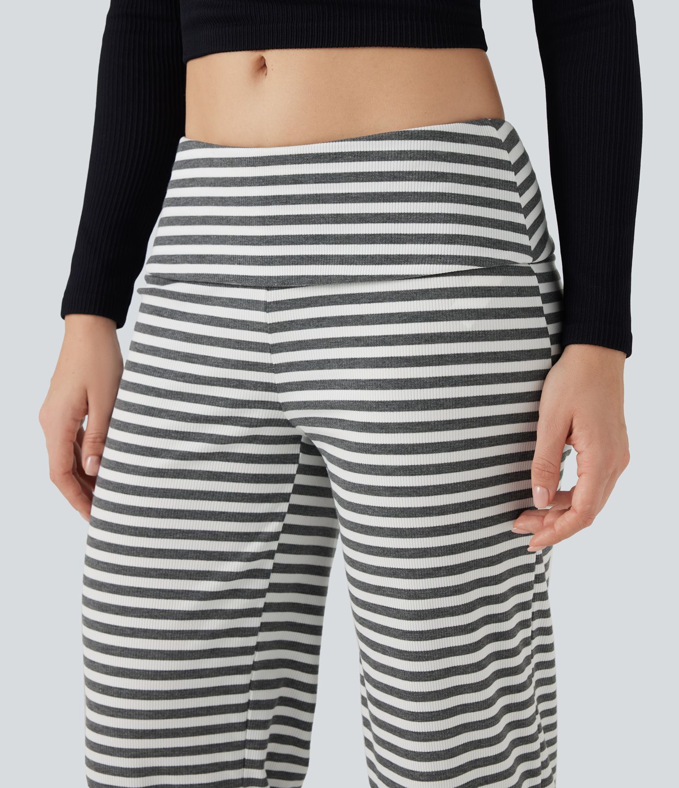 Foldover Low Rise Striped Casual Flare Trousers