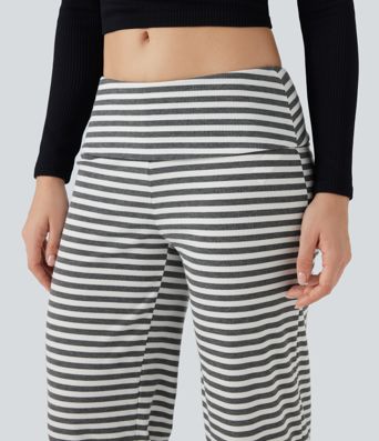 Foldover Low Rise Striped Casual Flare Trousers