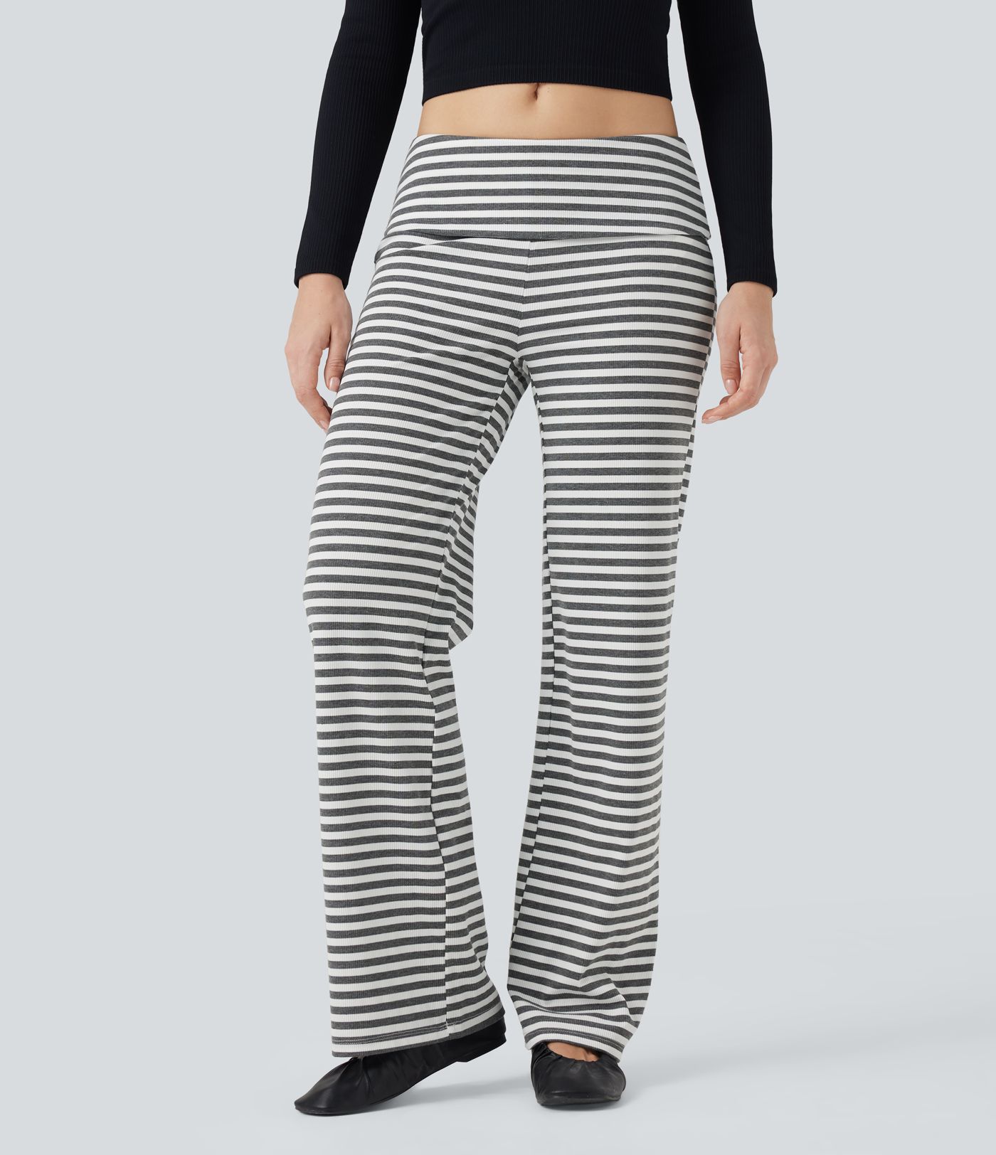 Foldover Low Rise Striped Casual Flare Trousers
