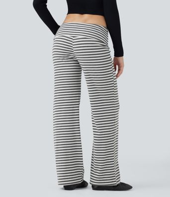 Foldover Low Rise Striped Casual Flare Trousers