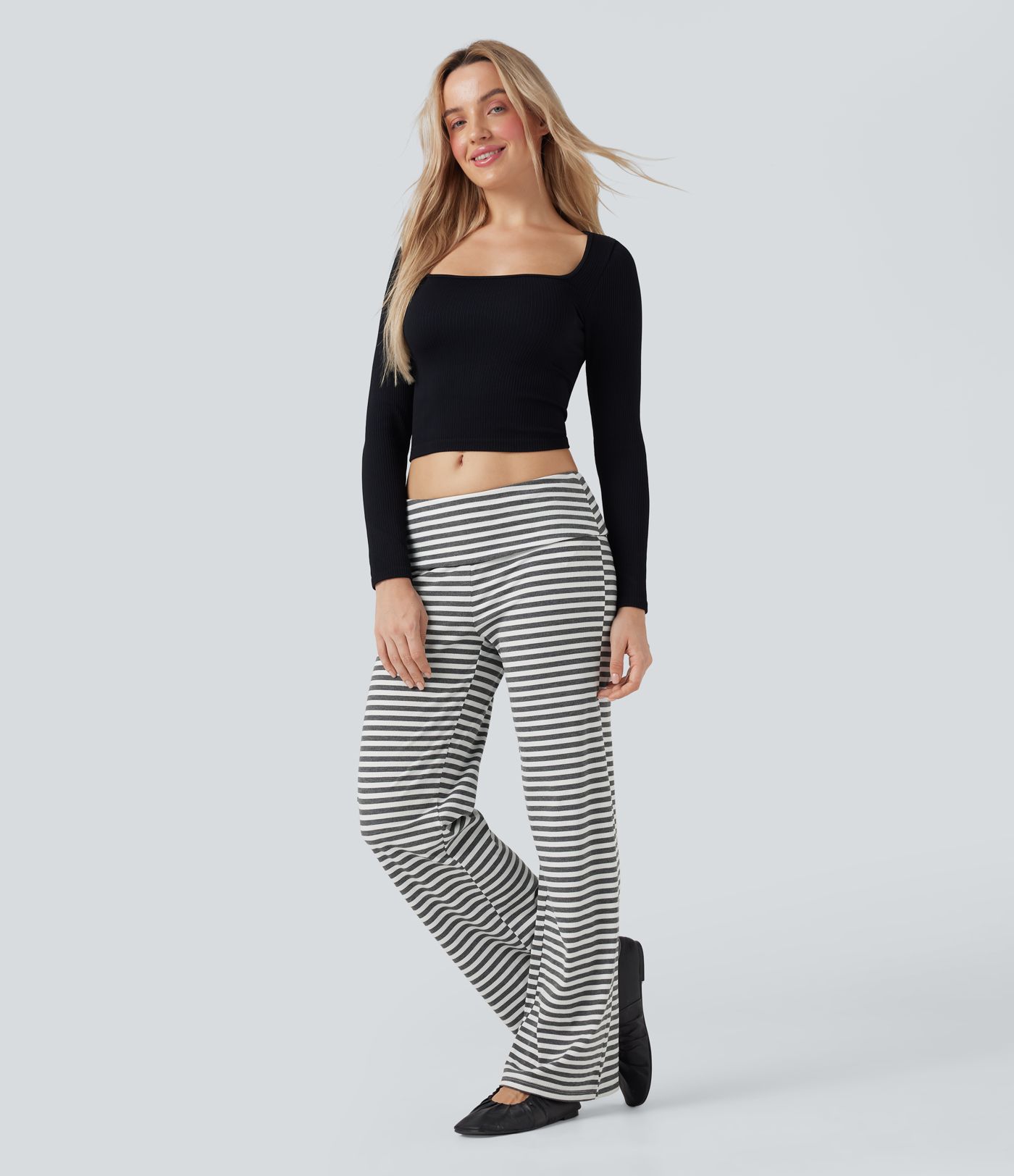 Foldover Low Rise Striped Casual Flare Trousers