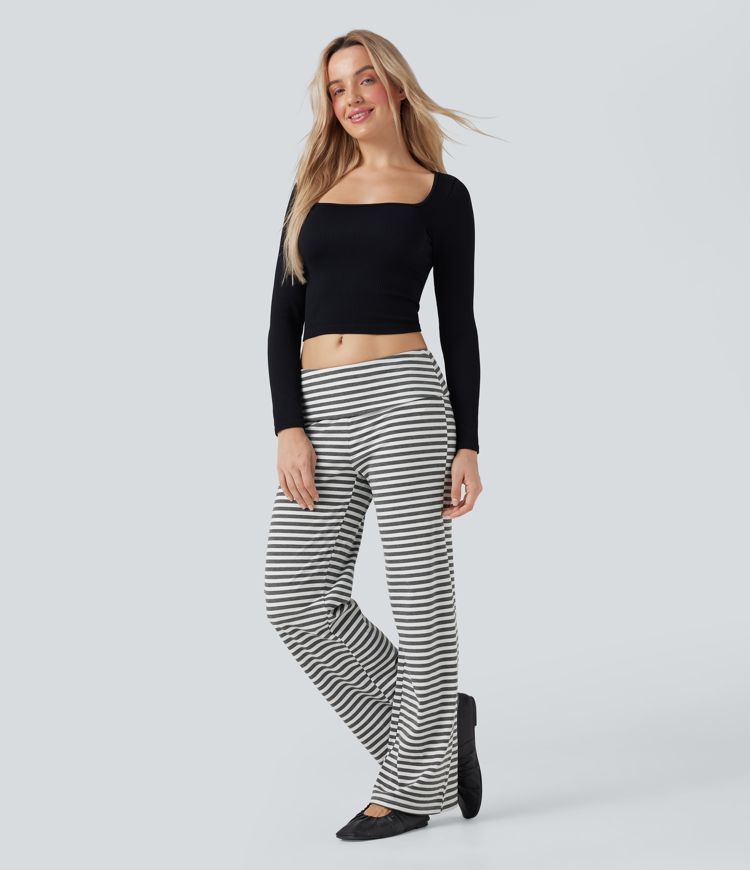 Foldover Low Rise Striped Casual Flare Trousers