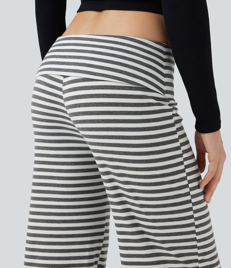 Foldover Low Rise Striped Casual Flare Trousers