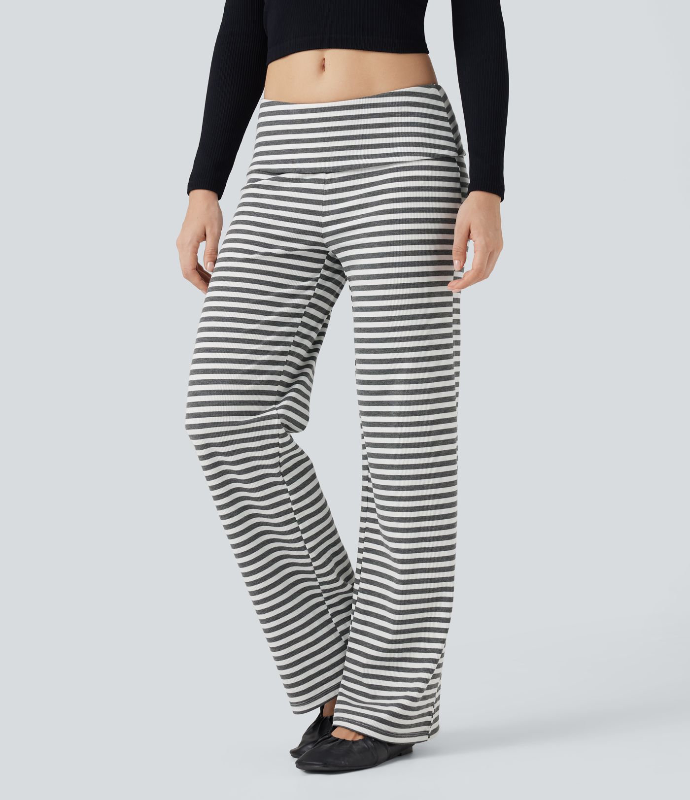 Foldover Low Rise Striped Casual Flare Trousers