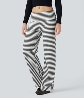 Foldover Low Rise Striped Casual Flare Trousers