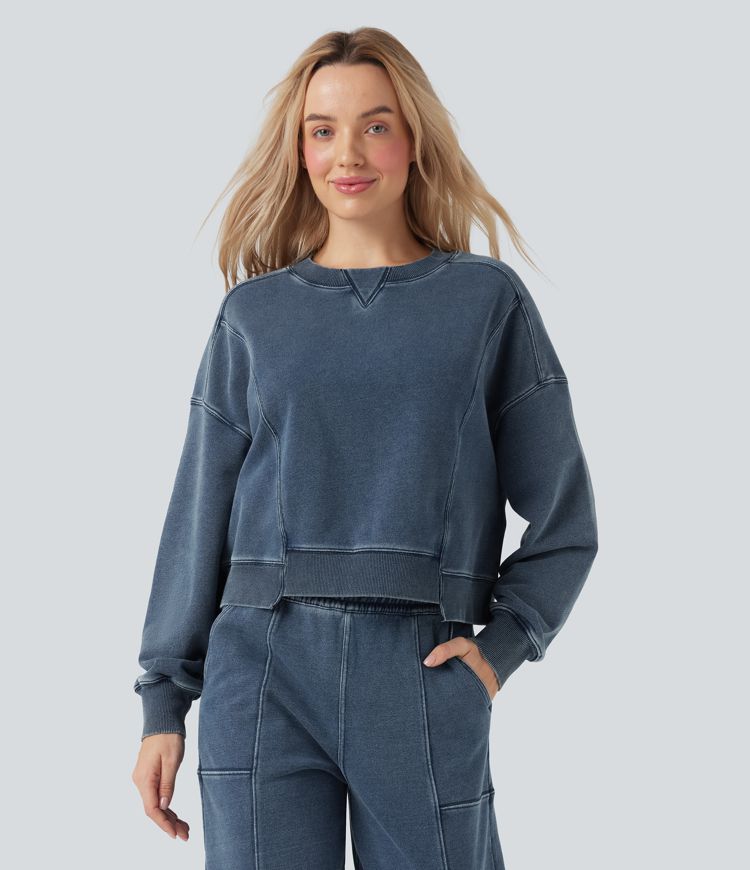 Halara Flex™ Round Neck Long Sleeve Denim Casual French Terry Sweatshirt