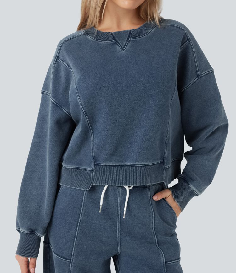 Halara Flex™ Round Neck Long Sleeve Denim Casual French Terry Sweatshirt