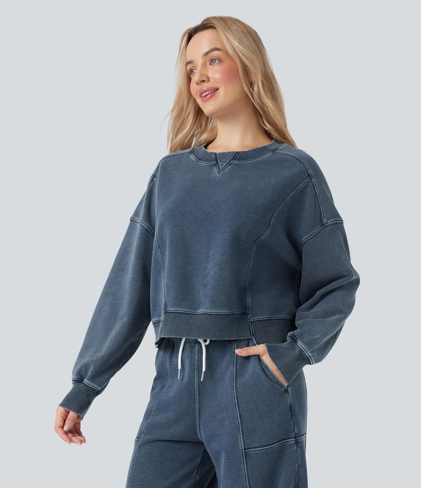Halara Flex™ Round Neck Long Sleeve Denim Casual French Terry Sweatshirt