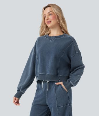 Halara Flex™ Round Neck Long Sleeve Denim Casual French Terry Sweatshirt
