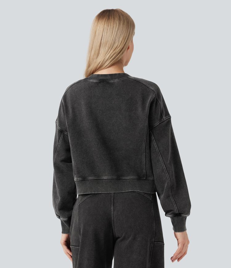 Halara Flex™ Round Neck Long Sleeve Denim Casual French Terry Sweatshirt