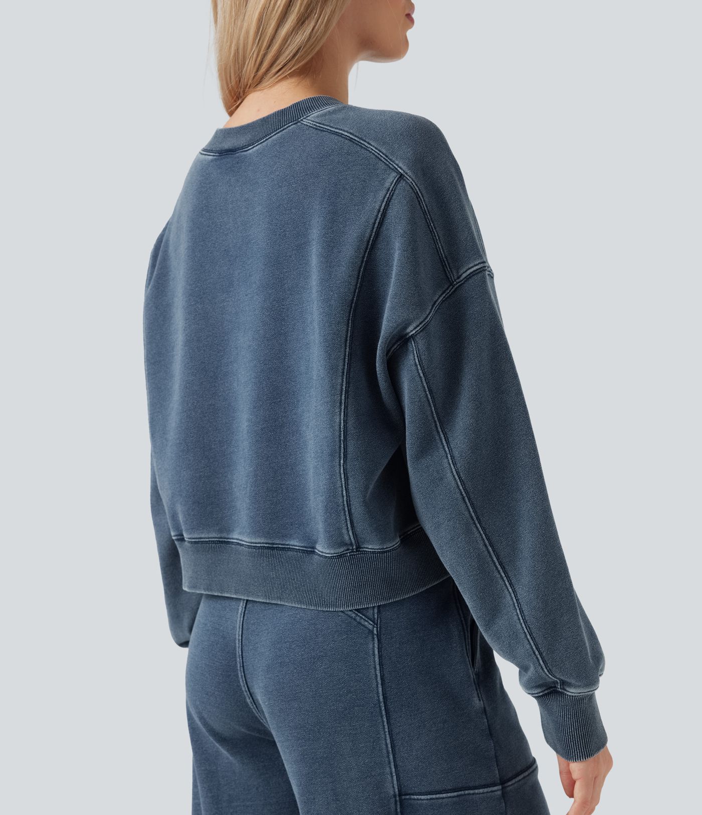 Halara Flex™ Round Neck Long Sleeve Denim Casual French Terry Sweatshirt