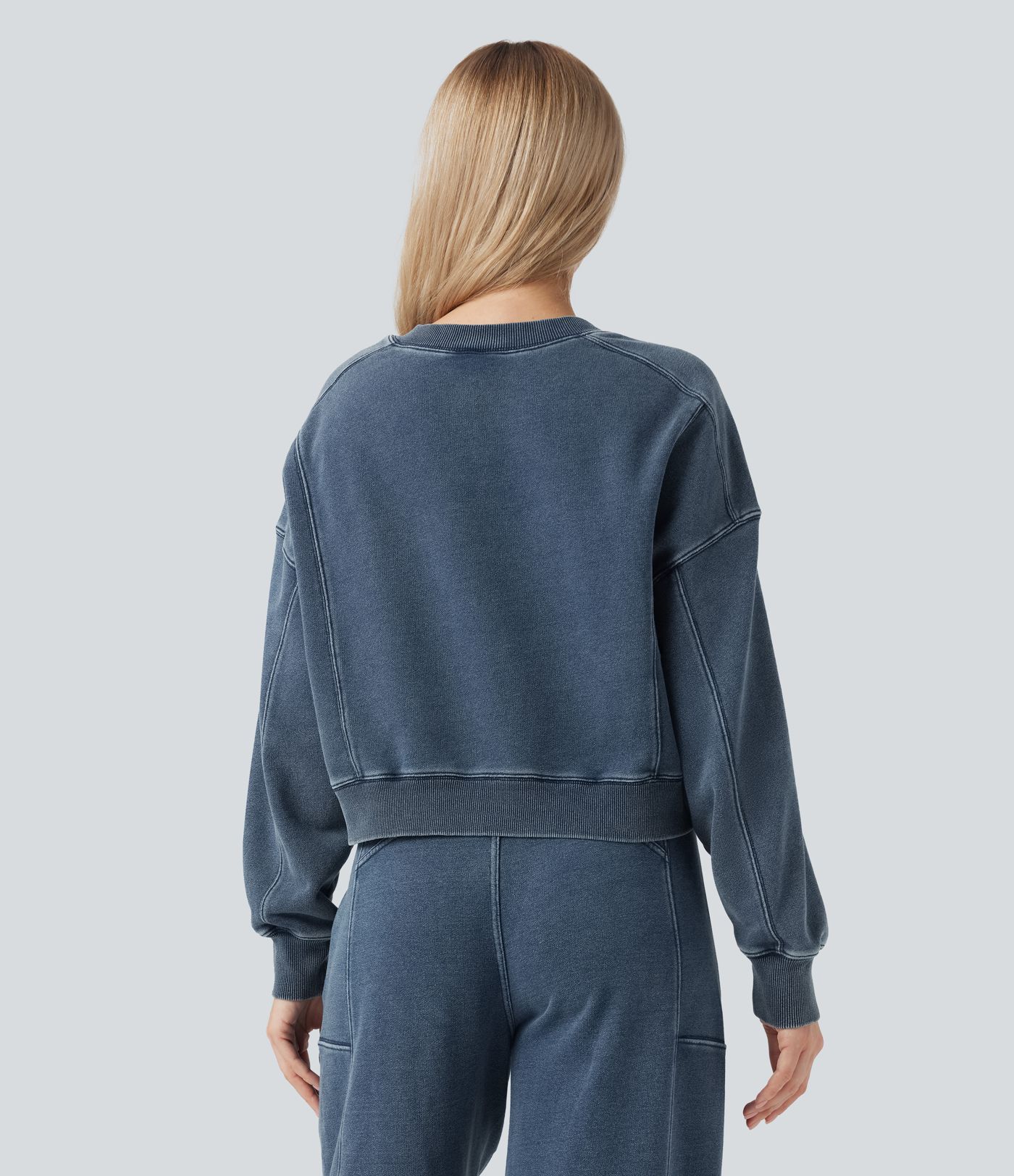 Halara Flex™ Round Neck Long Sleeve Denim Casual French Terry Sweatshirt