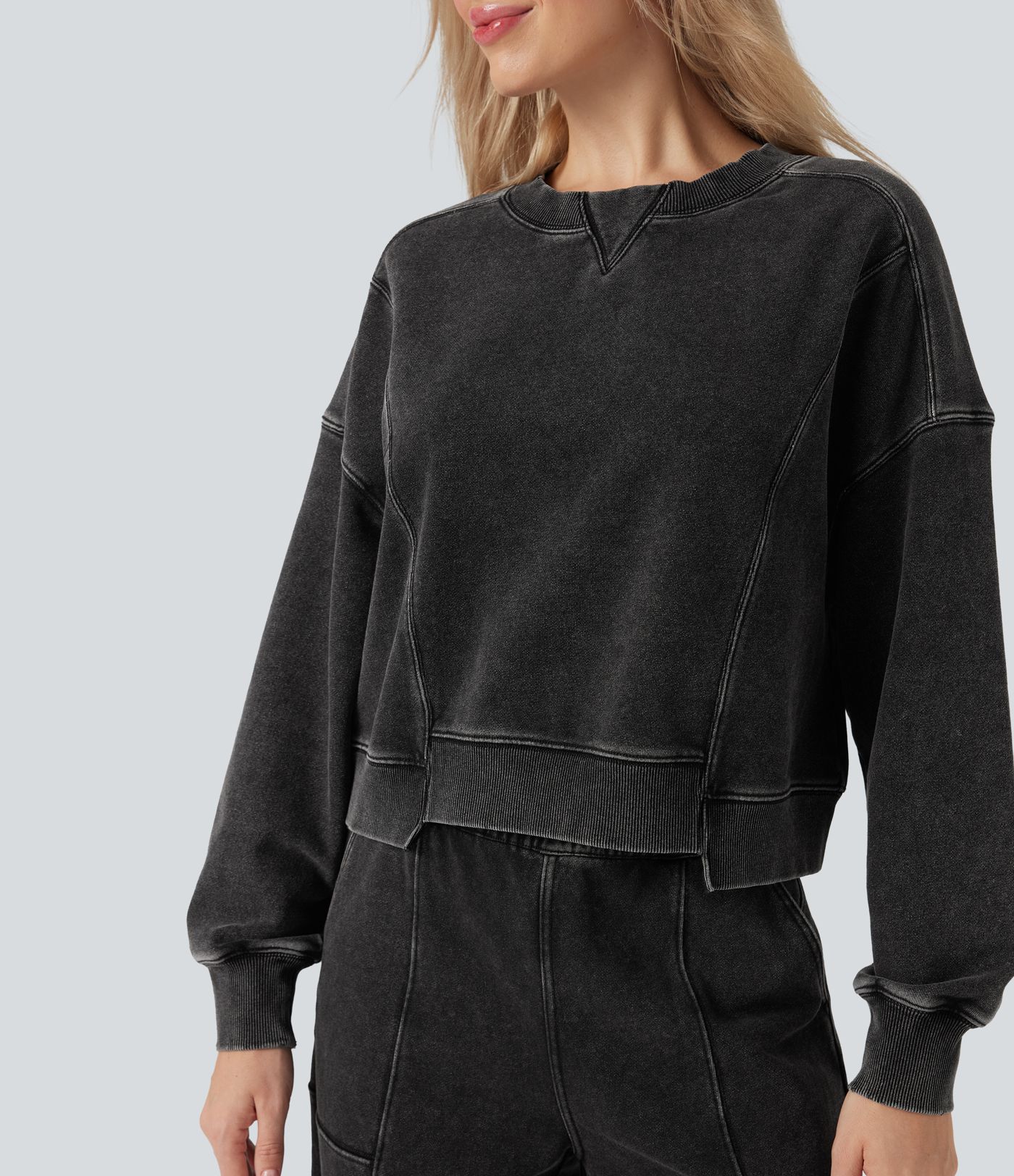Halara Flex™ Round Neck Long Sleeve Denim Casual French Terry Sweatshirt