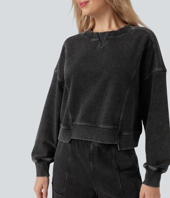 Halara Flex™ Round Neck Long Sleeve Denim Casual French Terry Sweatshirt