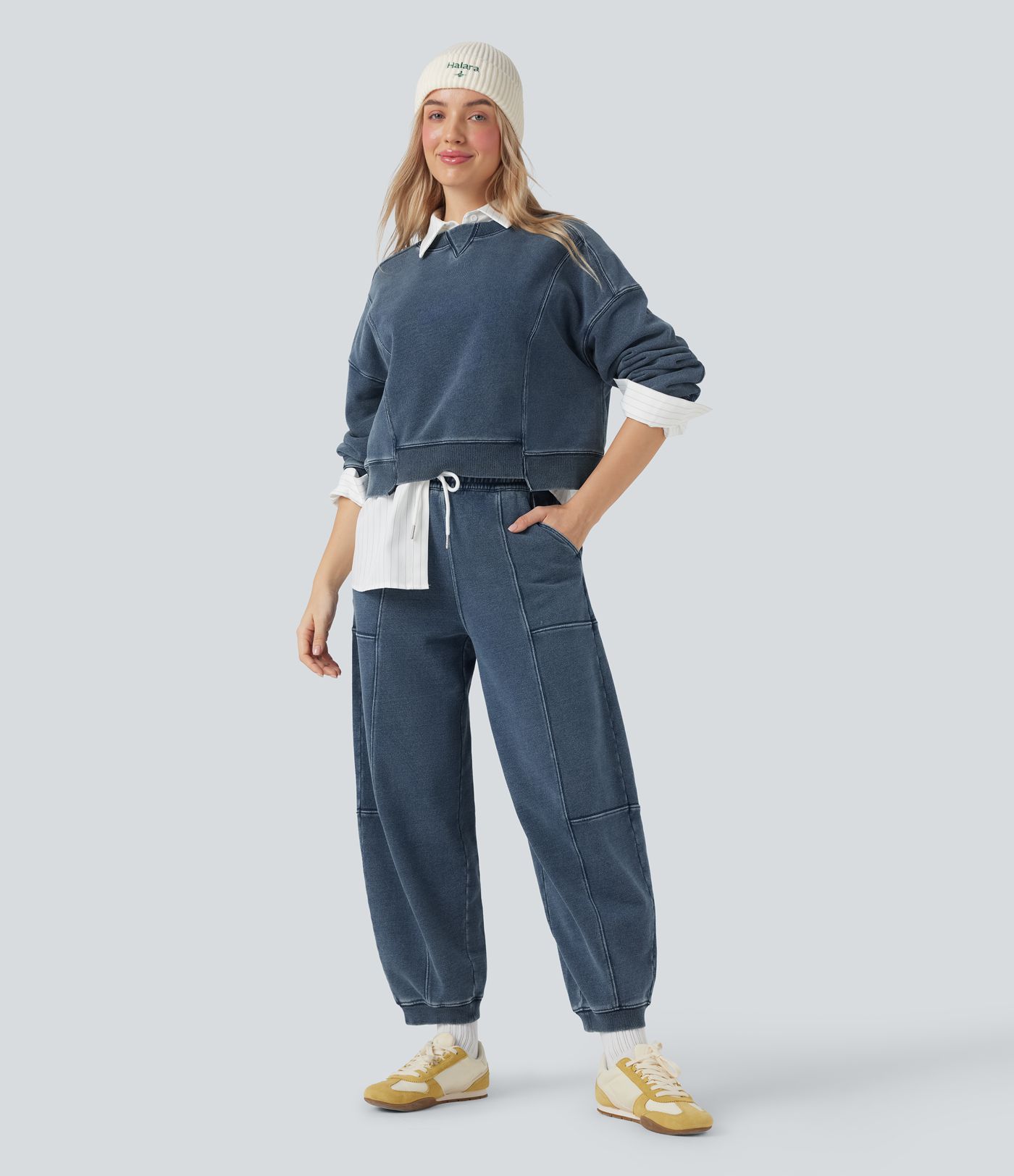 Halara Flex™ Round Neck Long Sleeve Denim Casual French Terry Sweatshirt