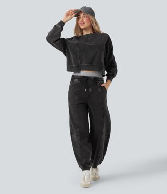 Halara Flex™ Round Neck Long Sleeve Denim Casual French Terry Sweatshirt