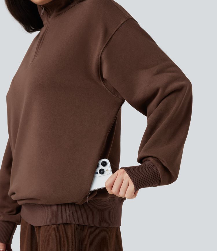 Stand Collar Half Zip Long Sleeve Casual Cotton Sweatshirt with Pockets