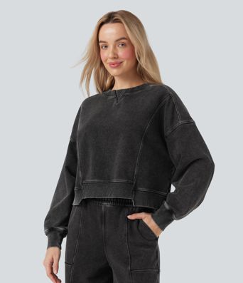 Halara Flex™ Round Neck Long Sleeve Denim Casual French Terry Sweatshirt
