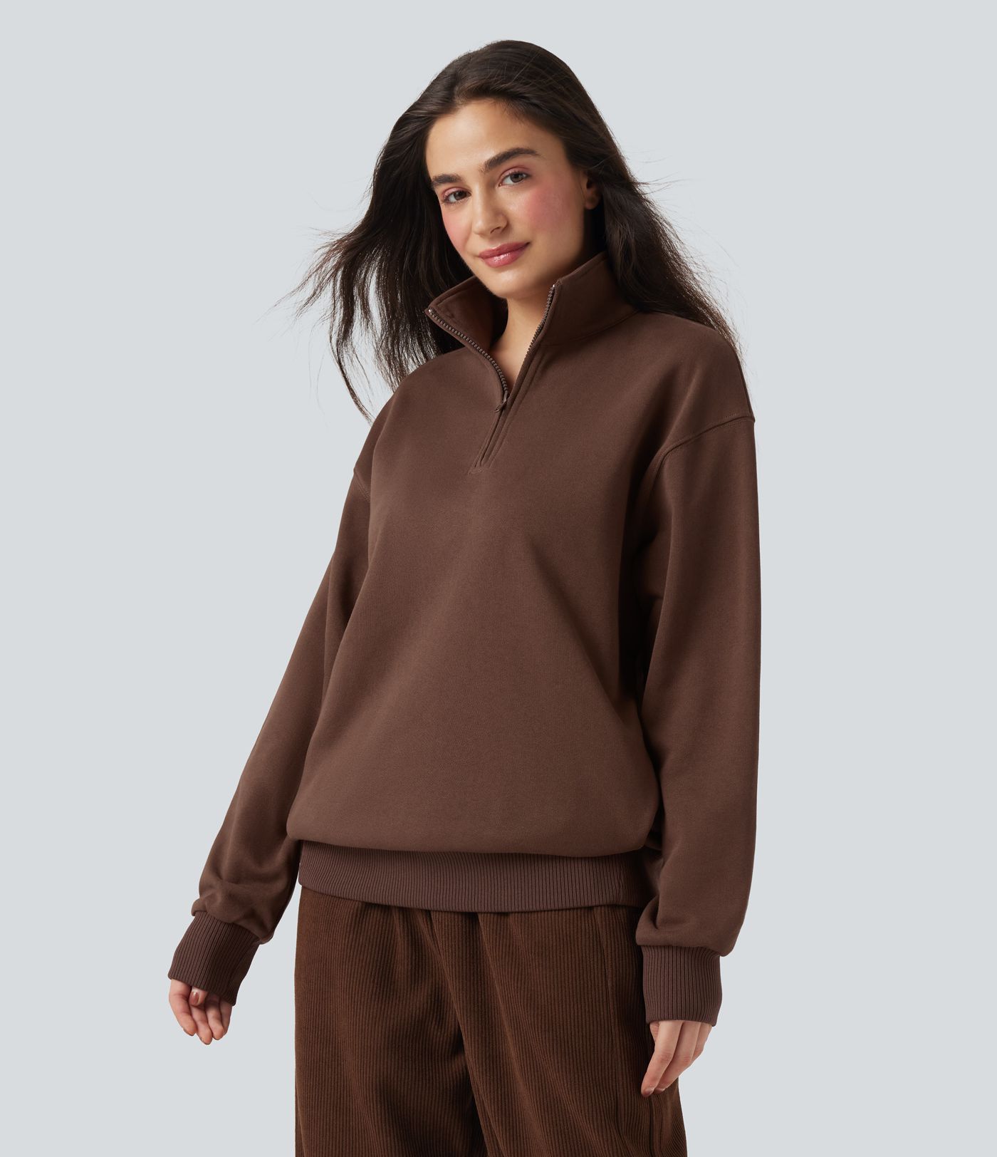 Stand Collar Half Zip Long Sleeve Casual Cotton Sweatshirt with Pockets