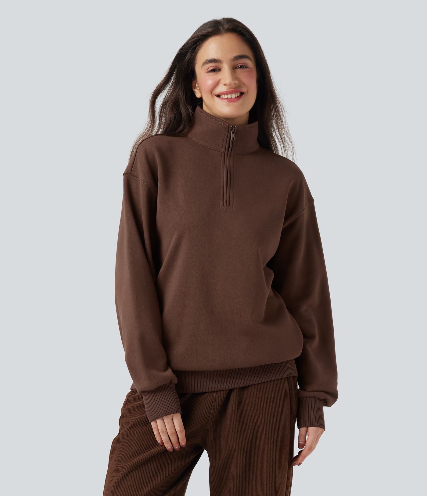 Stand Collar Half Zip Long Sleeve Casual Cotton Sweatshirt with Pockets