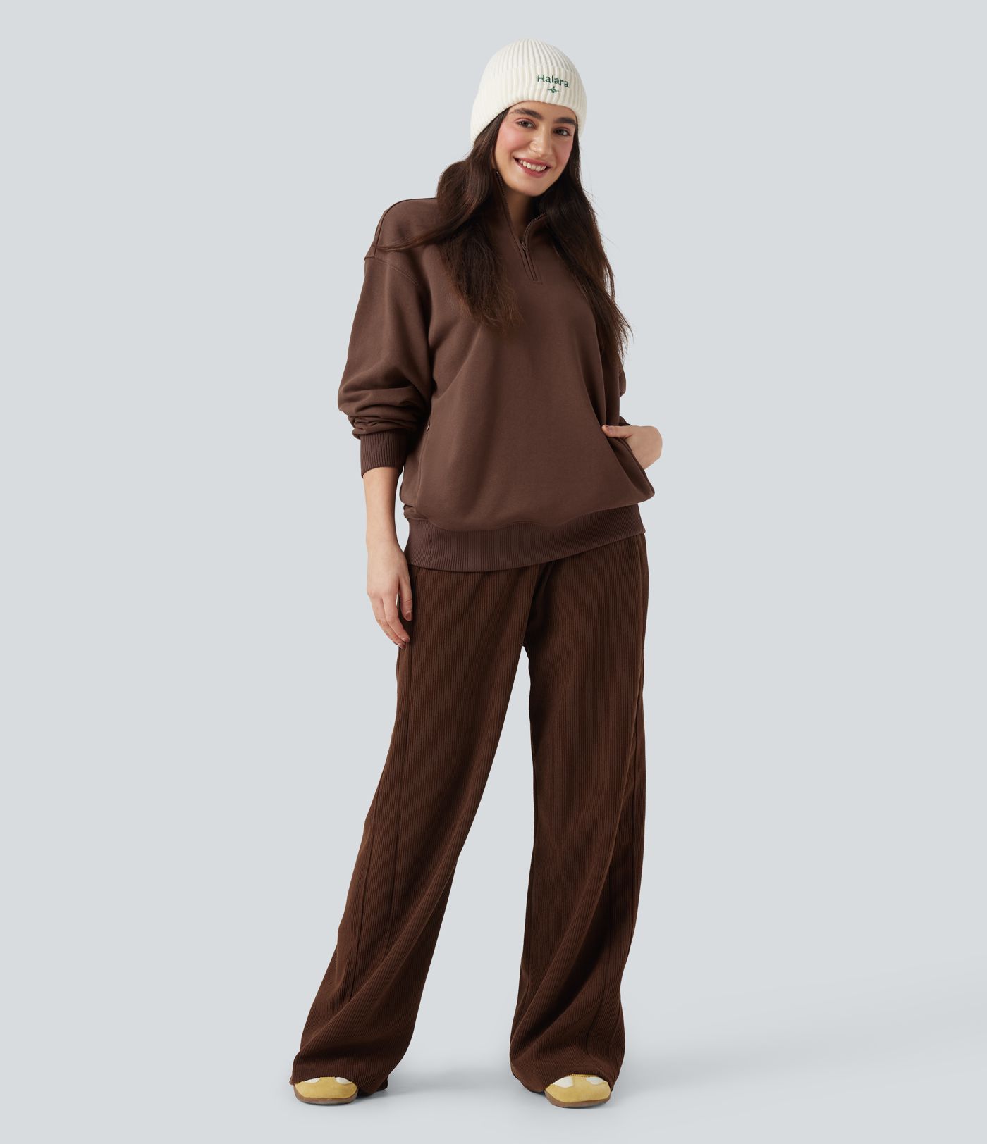 Stand Collar Half Zip Long Sleeve Casual Cotton Sweatshirt with Pockets