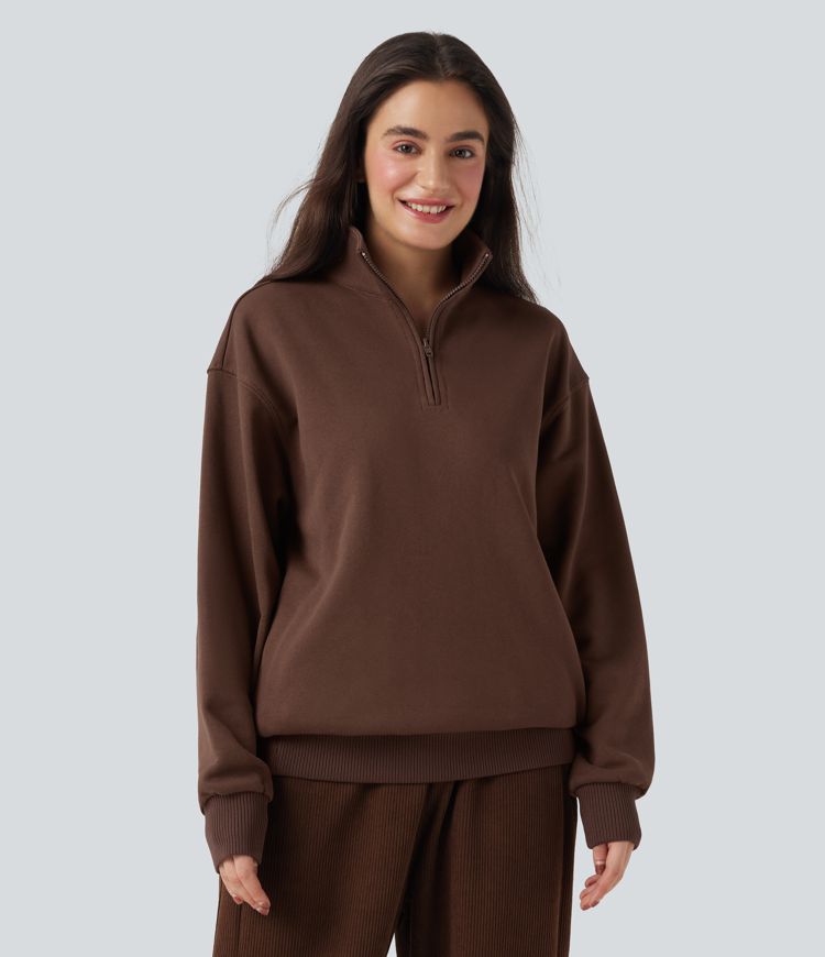 Stand Collar Half Zip Long Sleeve Casual Cotton Sweatshirt with Pockets