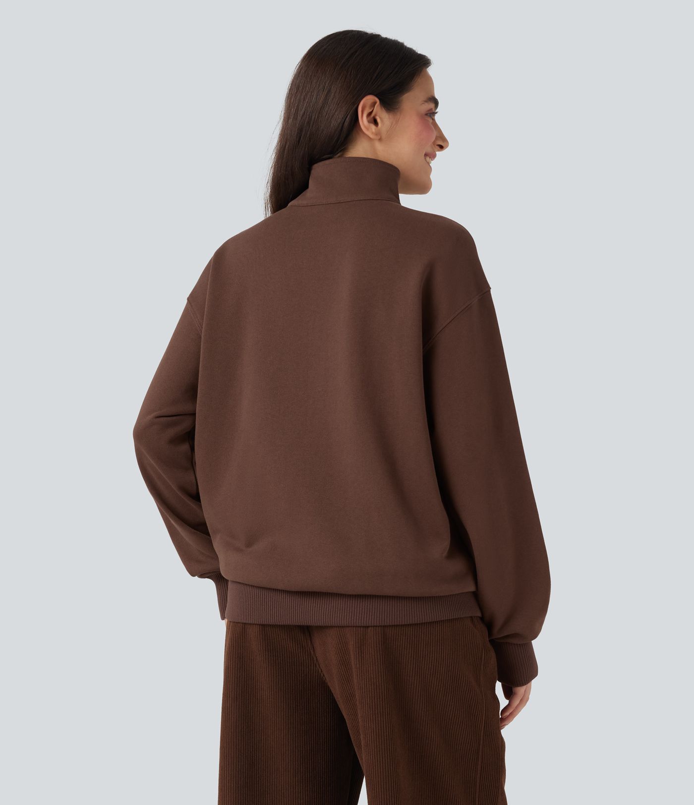 Stand Collar Half Zip Long Sleeve Casual Cotton Sweatshirt with Pockets