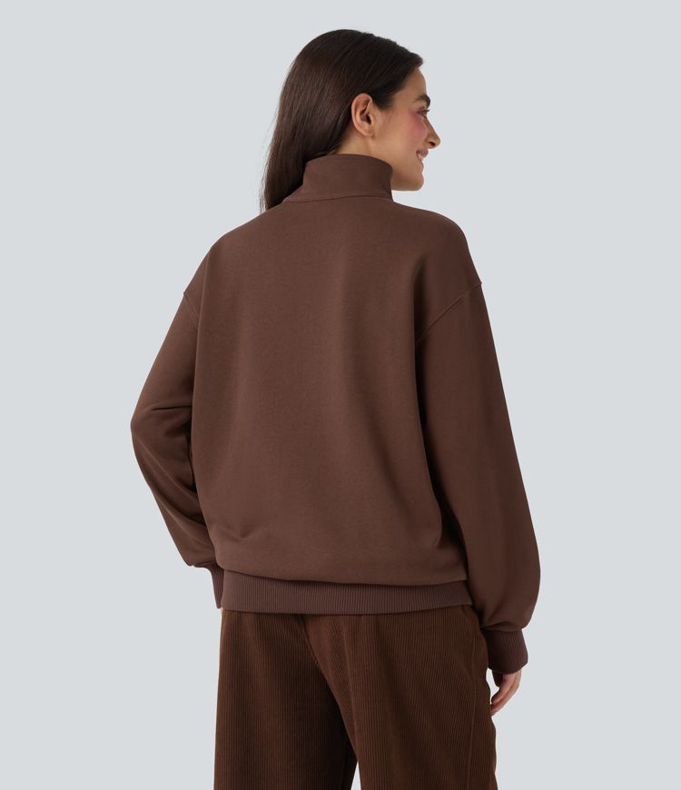 Stand Collar Half Zip Long Sleeve Casual Cotton Sweatshirt with Pockets