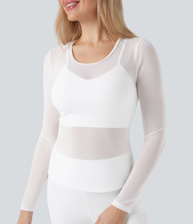 Round Neck Long Sleeve 2-in-1 Contrast Mesh Yoga Sports Top