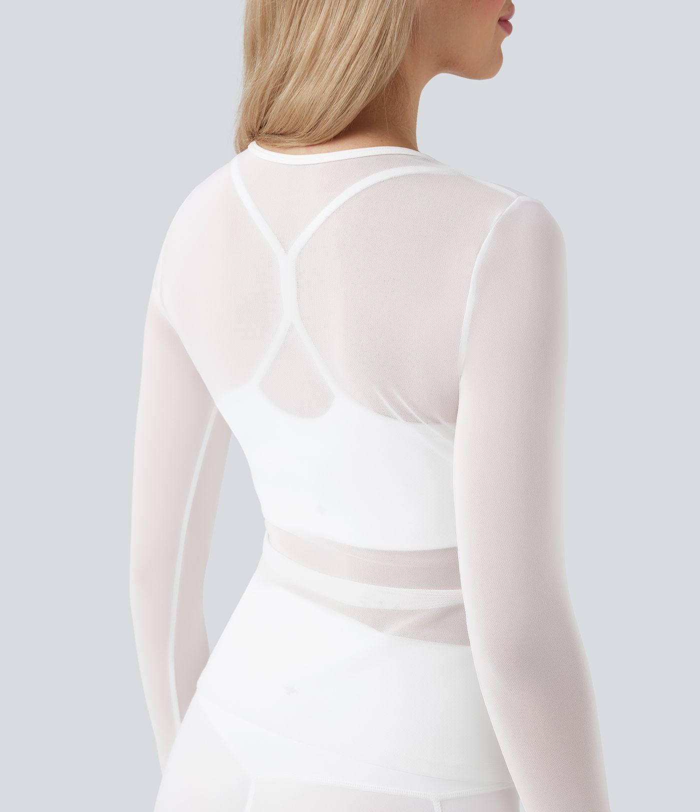 Round Neck Long Sleeve 2-in-1 Contrast Mesh Yoga Sports Top