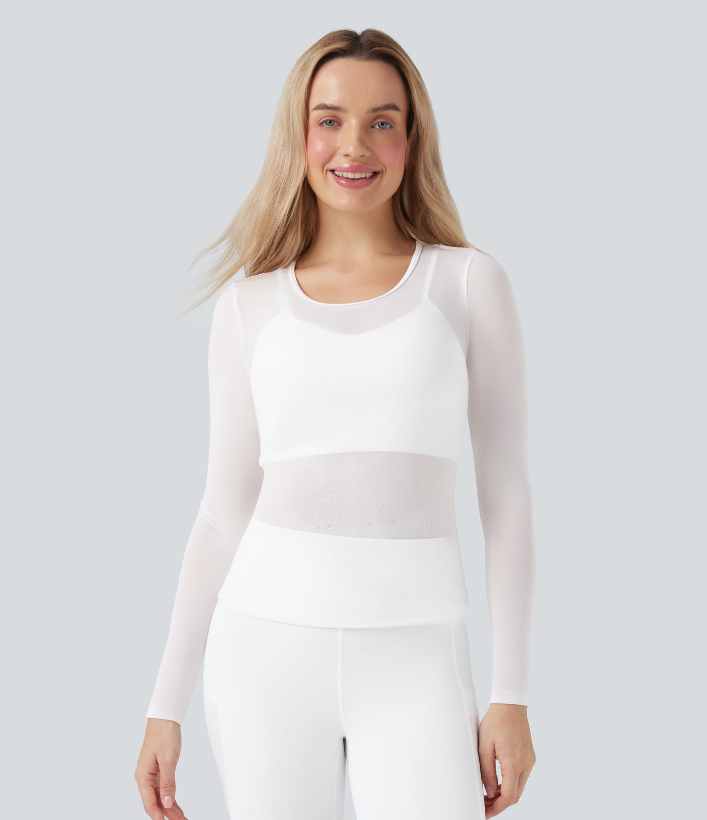 Round Neck Long Sleeve 2-in-1 Contrast Mesh Yoga Sports Top