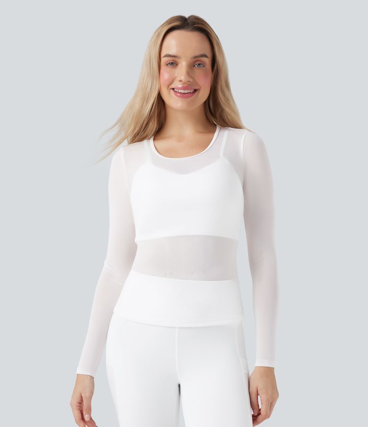 Round Neck Long Sleeve 2-in-1 Contrast Mesh Yoga Sports Top