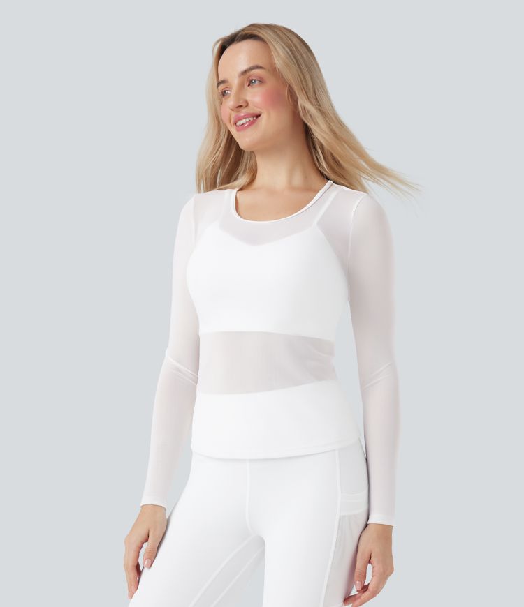 Round Neck Long Sleeve 2-in-1 Contrast Mesh Yoga Sports Top