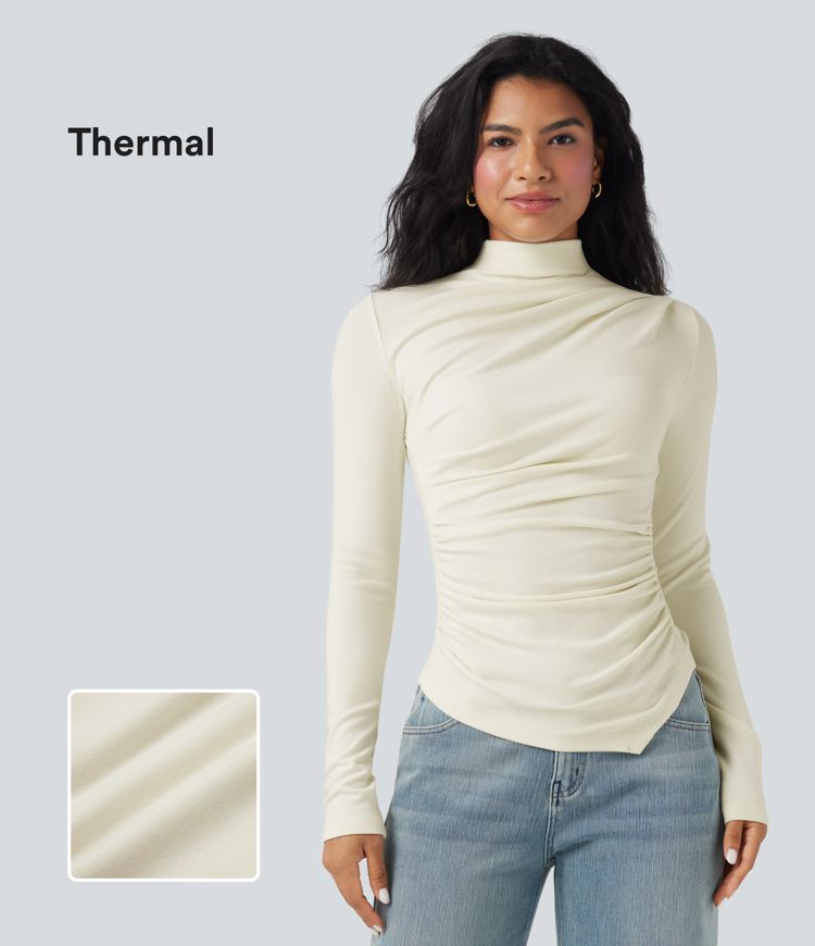 Hochgeschlossenes Langarm-Shirt mit gerafftem asymmetrischem Saum, thermisch, lässig