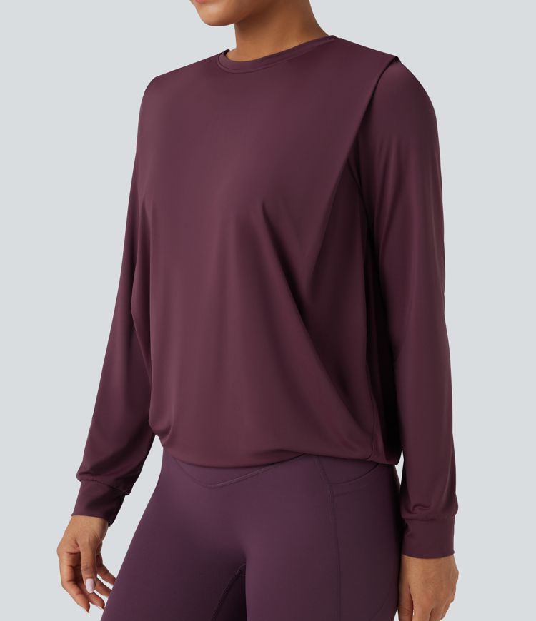 Gerafftes Yoga-Sport-Top mit Rundhalsausschnitt und langen Ärmeln - UPF50+