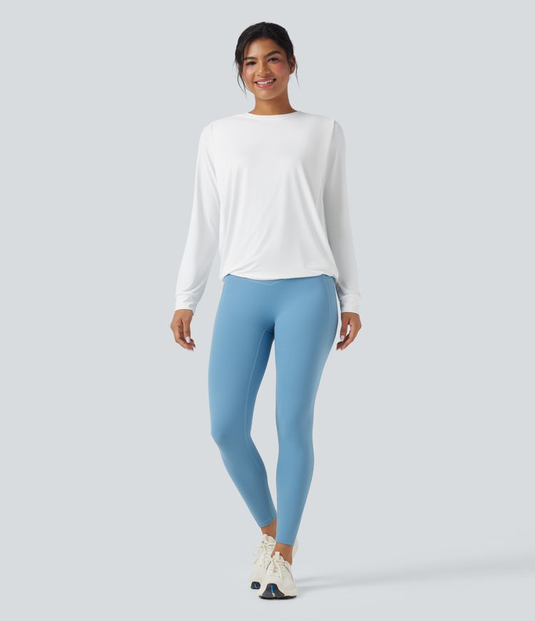 Round Neck Long Sleeve Ruched Yoga Sports Top-UPF50+