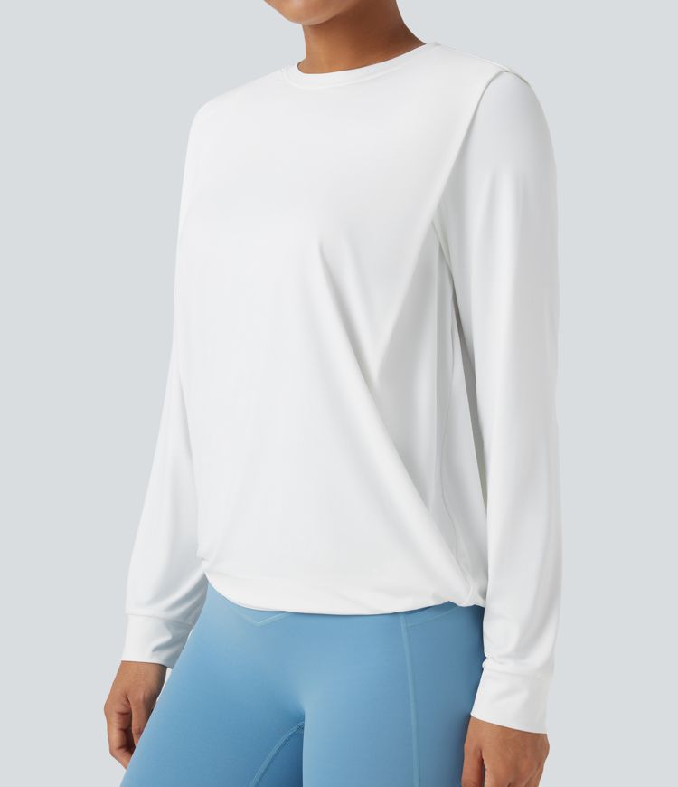 Round Neck Long Sleeve Ruched Yoga Sports Top-UPF50+