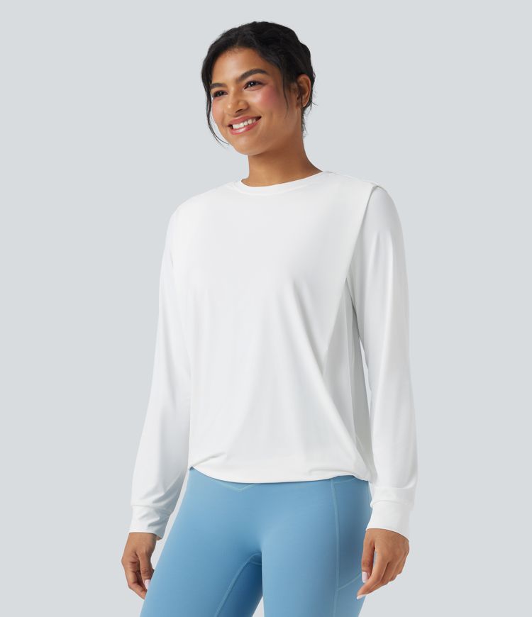 Round Neck Long Sleeve Ruched Yoga Sports Top-UPF50+
