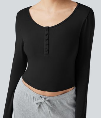 Lounge-Top mit Henley-Ausschnitt und langen Ärmeln