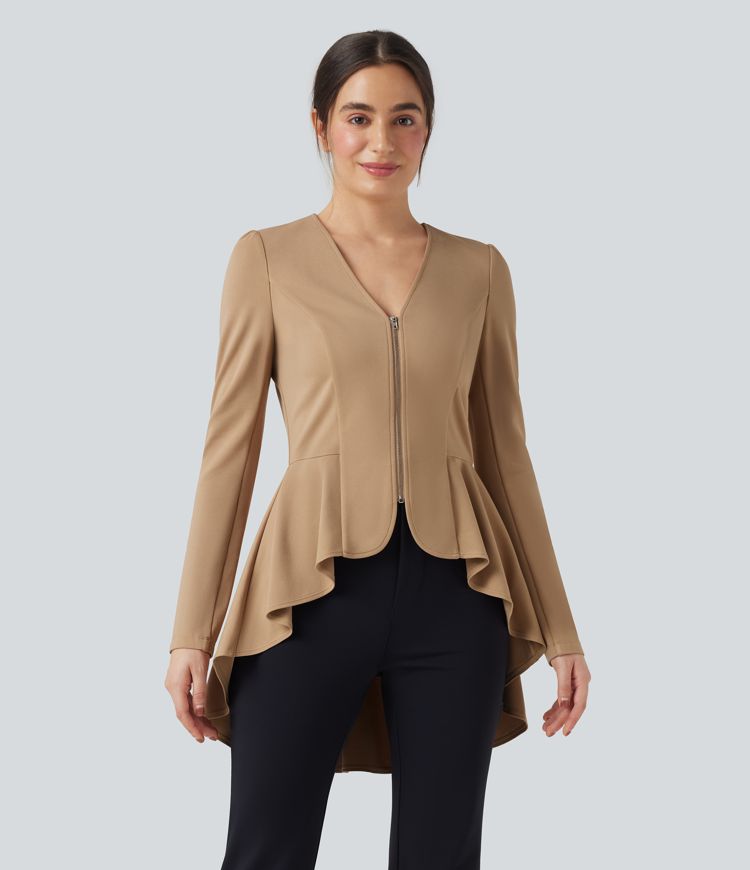 Abrigo de oficina de cuello en V de manga larga con dobladillo fruncido asimétrico