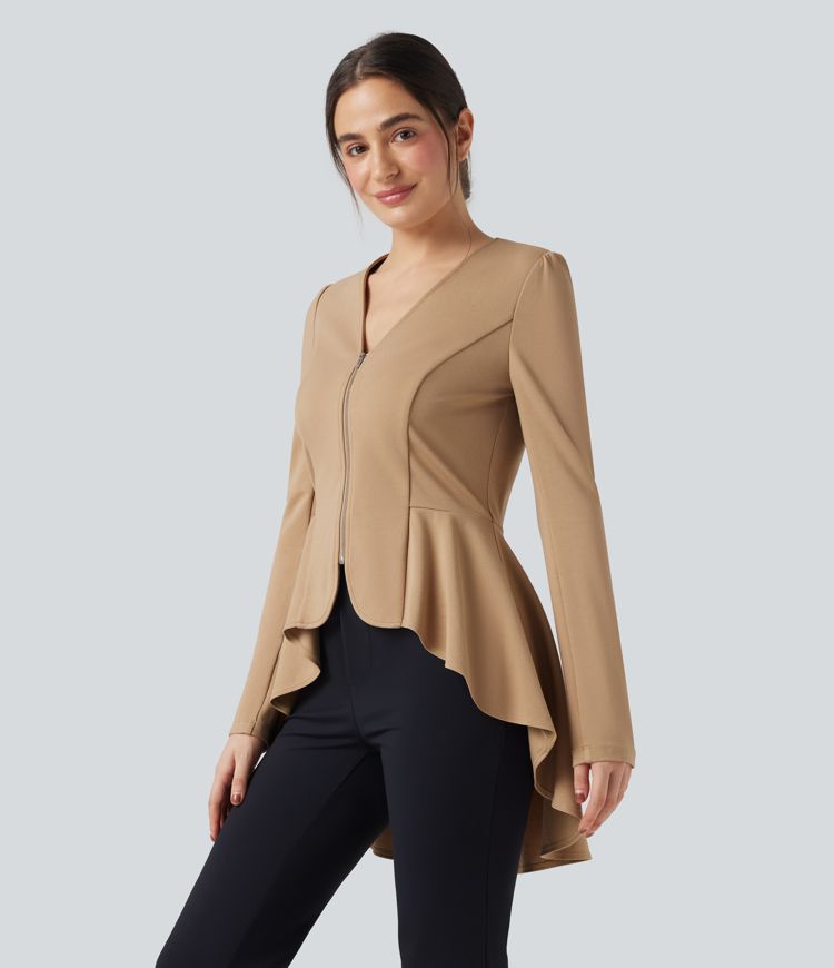 V Neck Long Sleeve Ruffe Hem High Low Work Coat