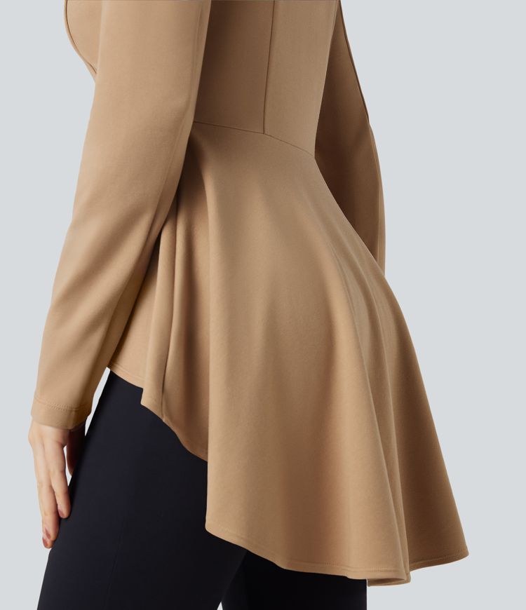 Abrigo de oficina de cuello en V de manga larga con dobladillo fruncido asimétrico