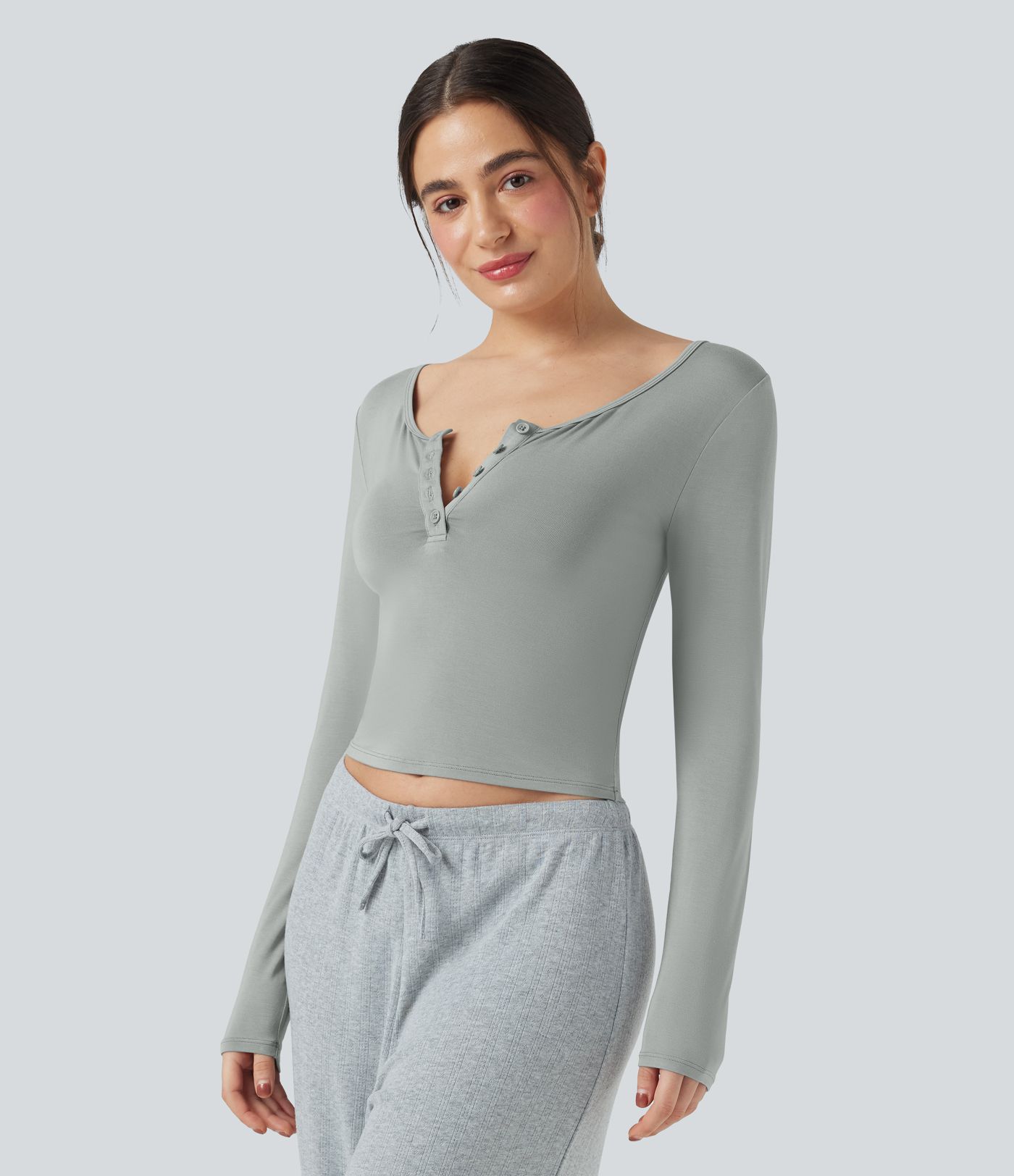 Lounge-Top mit Henley-Ausschnitt und langen Ärmeln